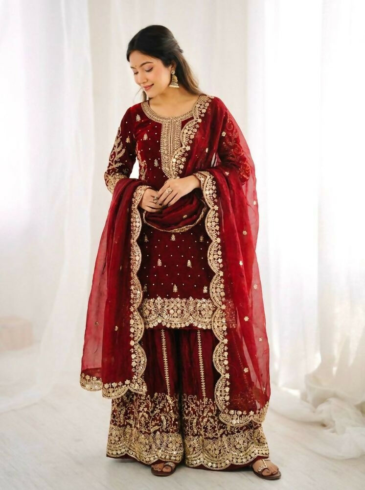 Teeya Creation Maron Color Fendy Silk Embroidery Work Wedding Wear Salwar Suit | Grocsy