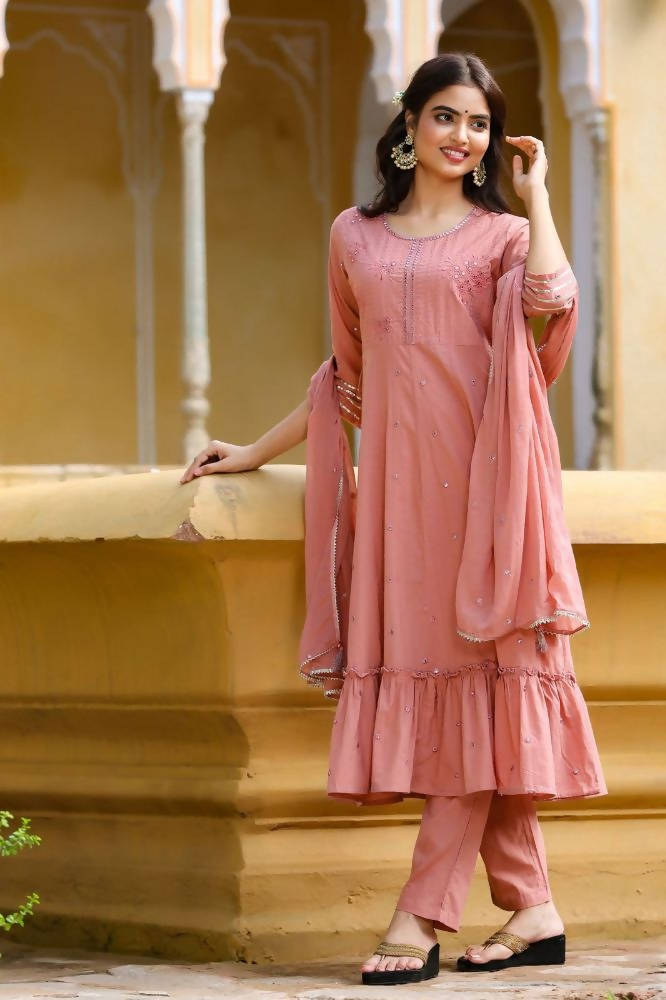 Yufta Women's Pink Tiered Embroidered Kurta with Trouser and Dupatta | Grocsy