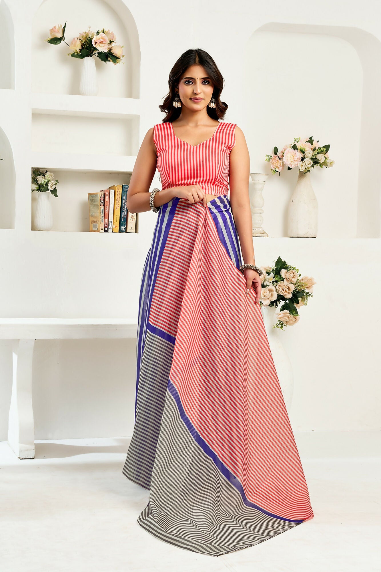 Vastranavya Royal Blue Digital Printed Linen Ready To Wear Designer Saree with Unstitched Blouse | Grocsy