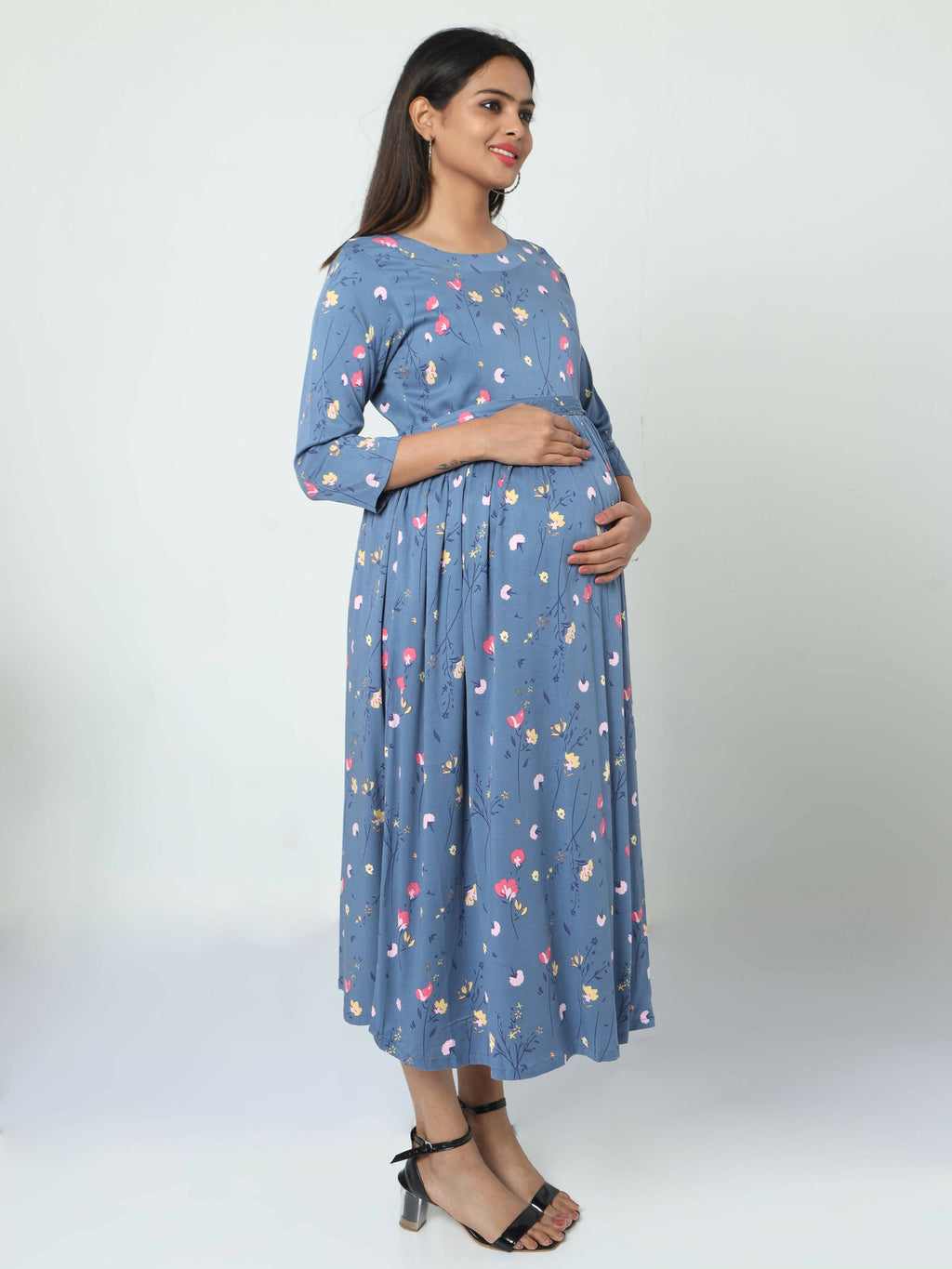Manet Three Fourth Maternity Dress Floral Print With Concealed Zipper Nursing Access - Dark Grey | Grocsy