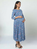 Manet Three Fourth Maternity Dress Floral Print With Concealed Zipper Nursing Access - Dark Grey | Grocsy