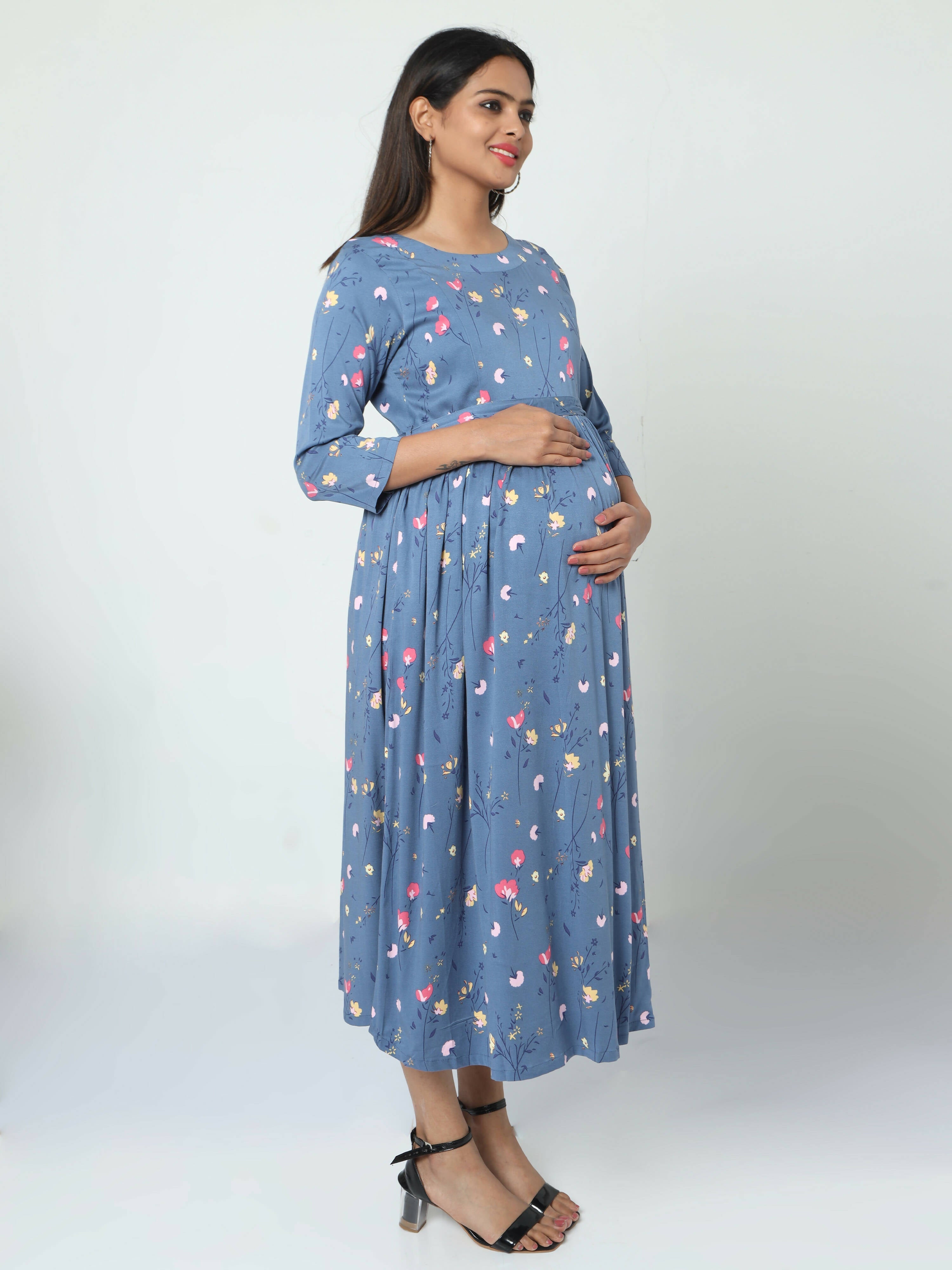 Manet Three Fourth Maternity Dress Floral Print With Concealed Zipper Nursing Access - Dark Grey | Grocsy