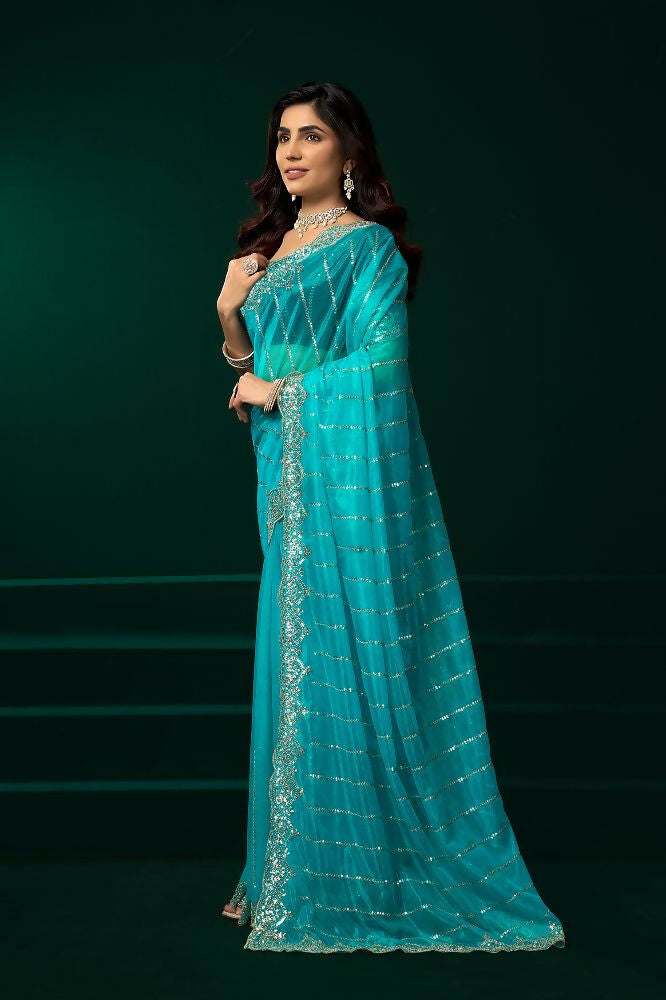Joban Fashion Turquoise Blue Net Party Wear Sarees | Grocsy