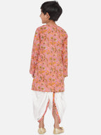 Little Bansi Boys Bengali Kantha work floral kurta & Dhoti - Pink & White | Grocsy