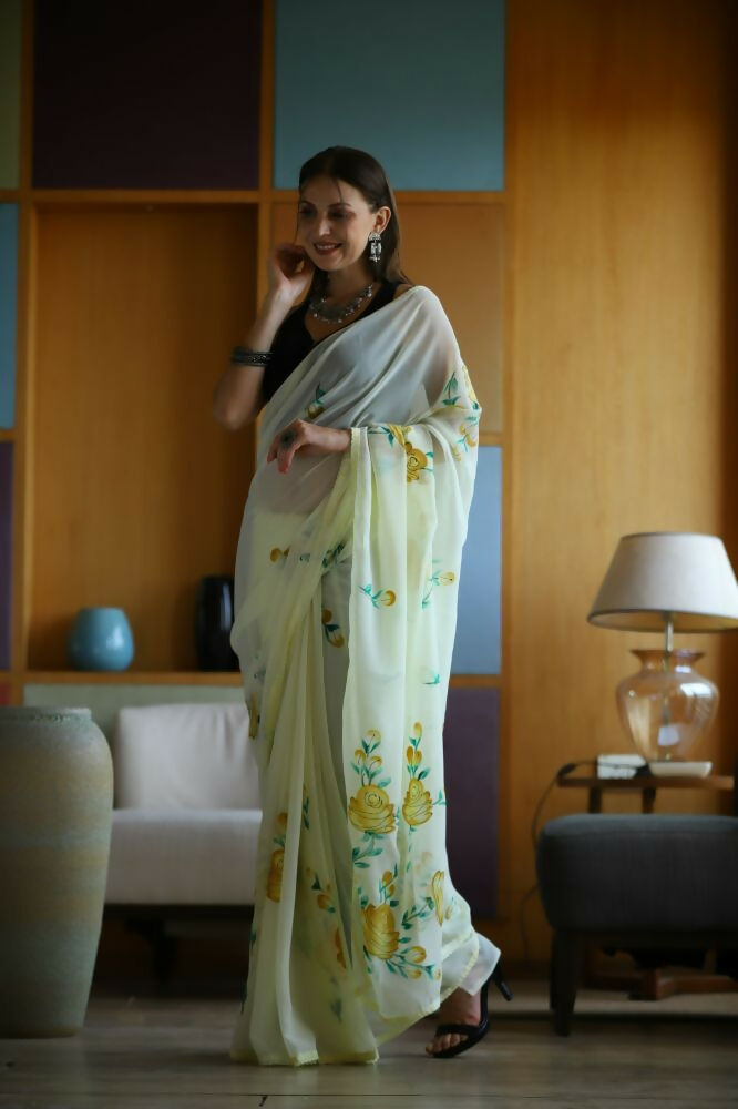 Vamsee Laxmi Yellow Georgette Saree | Grocsy