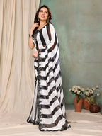 Aafreen Partywear Designer Balck & White Georgette Fancy Saree | Grocsy