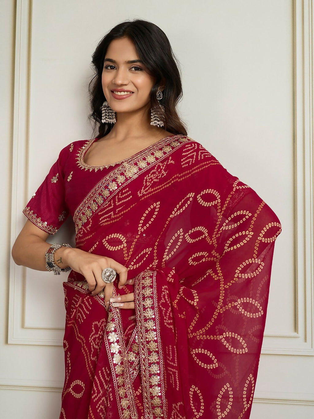 Ai Fashion Magenta Georgette Rajwadi Bandhani Print Party Wear Saree | Grocsy