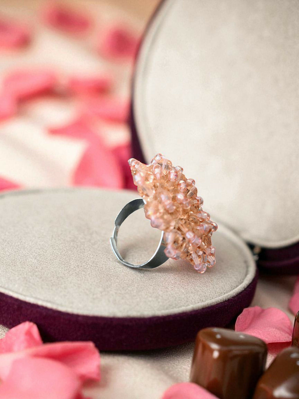 Inhanns Rang-E-Roshan Adjustable Ring – Handmade Crystal Statement Ring - Peach 2 | Grocsy