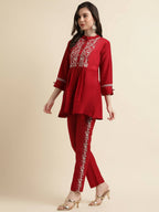 Red Chinon Floral Embroidered Top with Bottom - Maanushi | Grocsy