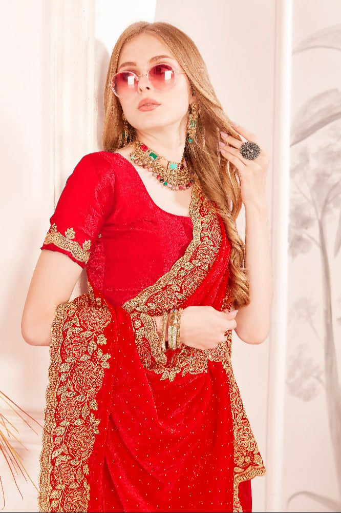 PR Fashion Red Fendi Two Tone Silk Heavy Zari & Resham Embroidery Work With Heavy Zircon Work Saree | Grocsy