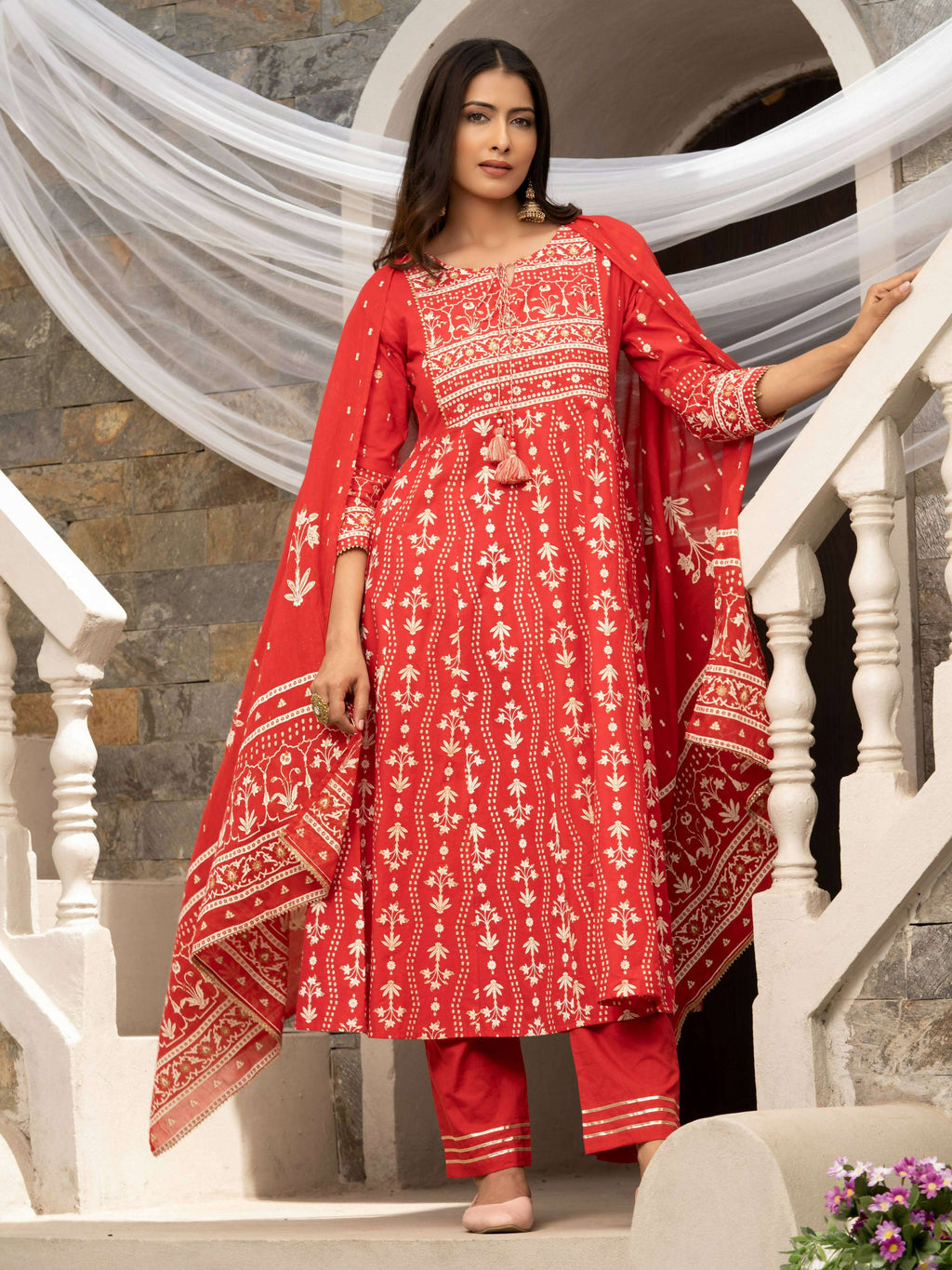 Red Cotton Cambric Printed with Sequins work Anarkali Kurta with Pant & Dupatta - Akashara | Grocsy