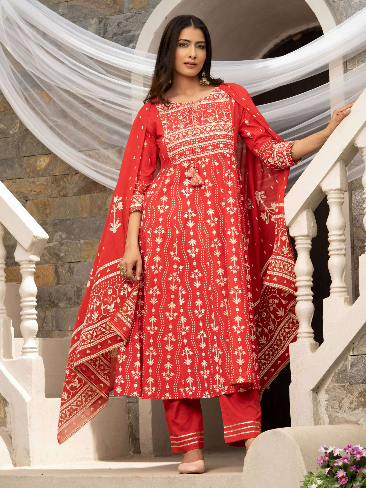 Red Cotton Cambric Printed with Sequins work Anarkali Kurta with Pant & Dupatta - Akashara | Grocsy