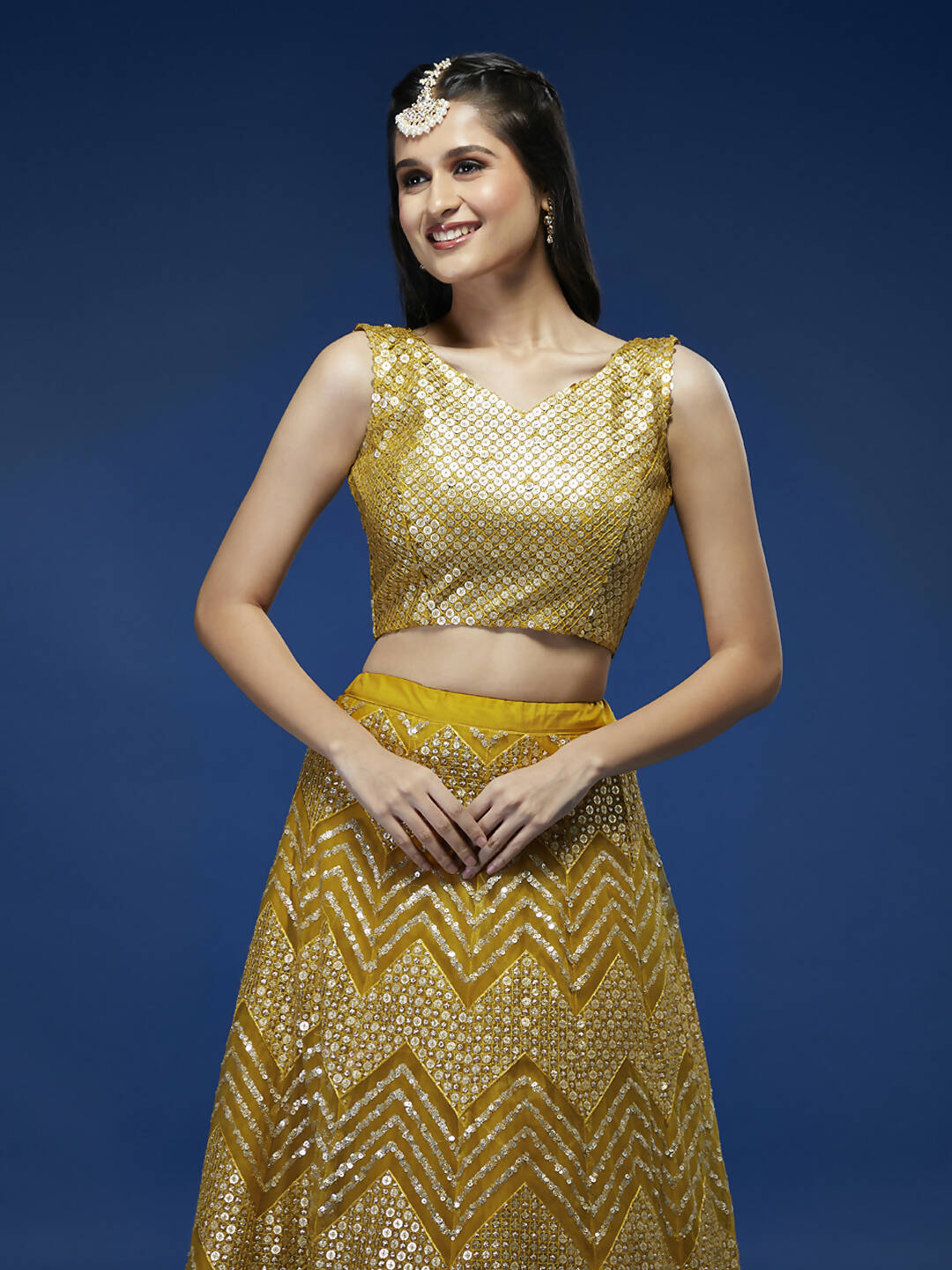 House of Panchhi Mustard Net Sequinse Work Lehenga & Blouse, Dupatta | Grocsy