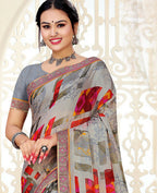 Grey Chiffon Brasso Printed Saree With Unstitched Blouse Piece - Jyoti | Grocsy