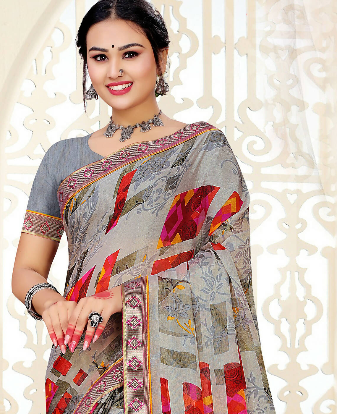 Grey Chiffon Brasso Printed Saree With Unstitched Blouse Piece - Jyoti | Grocsy