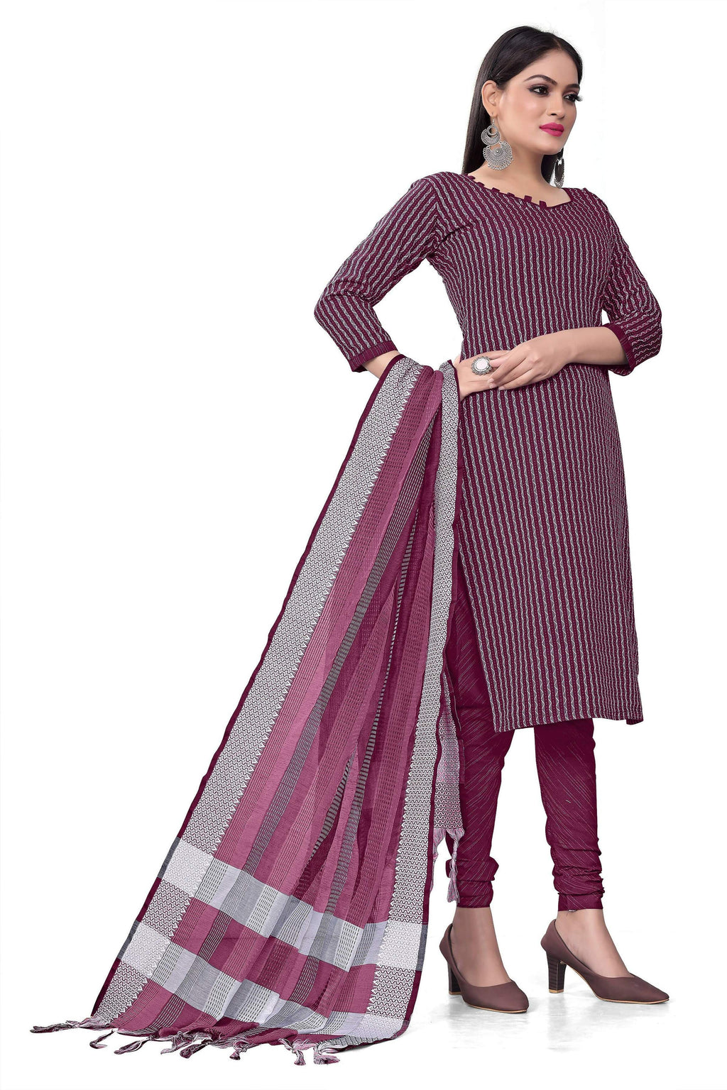 Wine Cotton Jacquard Woven Unstitched Dress Material - Amara | Grocsy