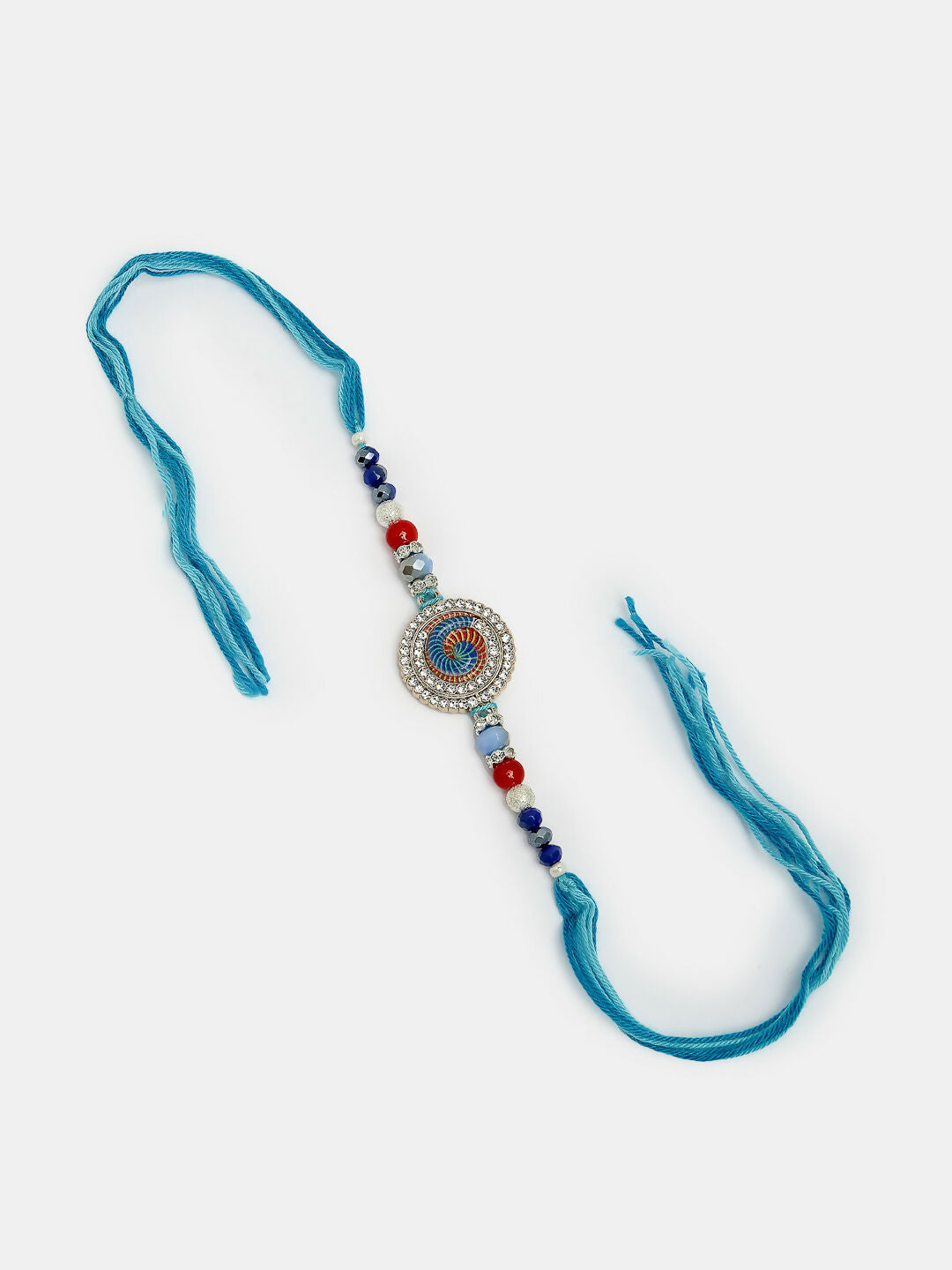 NVR Women & Men Set of 2 Blue Kundan-Studded & Beaded Bhaiya Bhabhi Rakhi With Roli Chawal & Chocolate | Grocsy