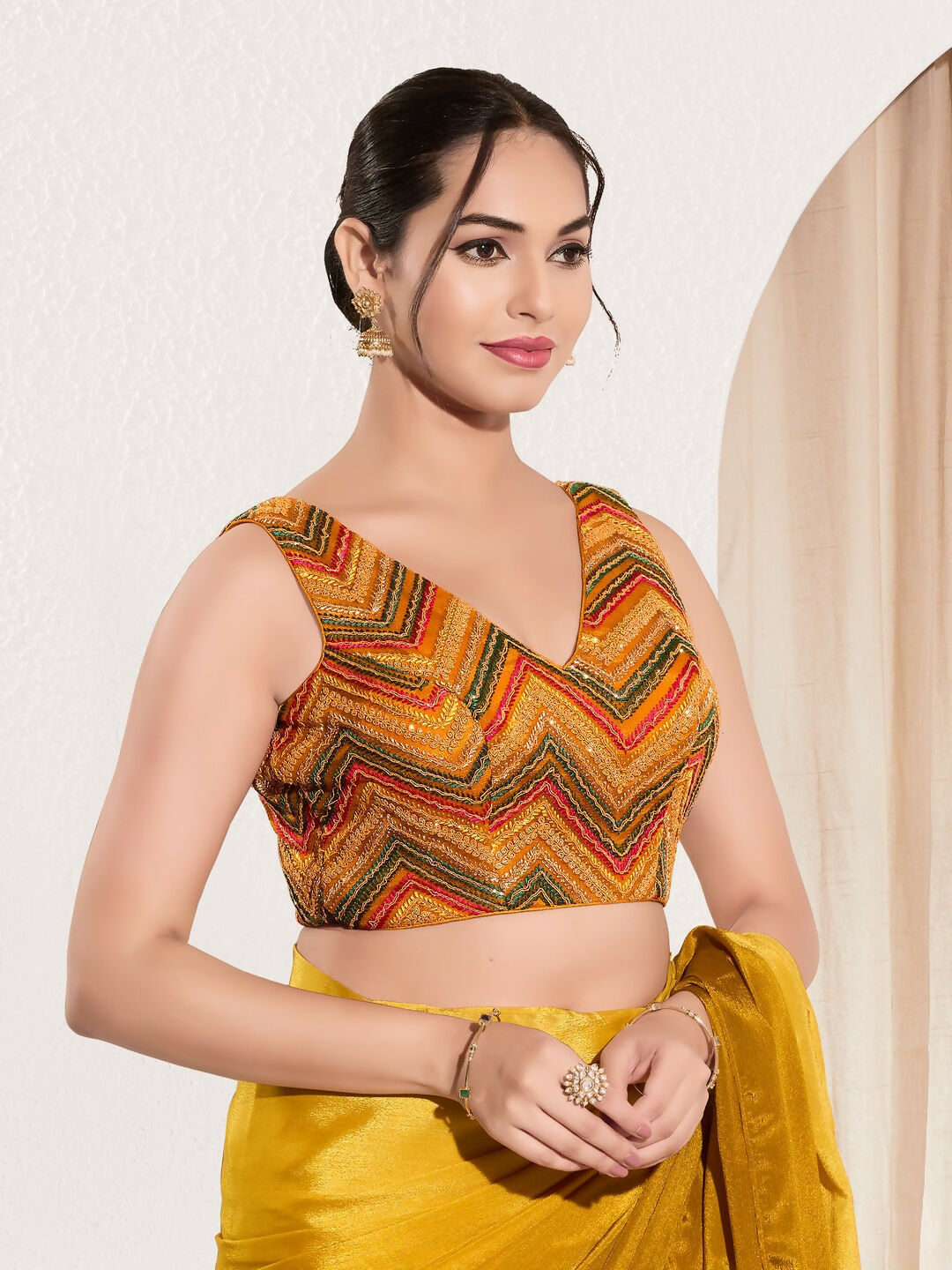 Joban Fashion Mustard Net Padded Blouse With V Neck Sleeveless | Grocsy