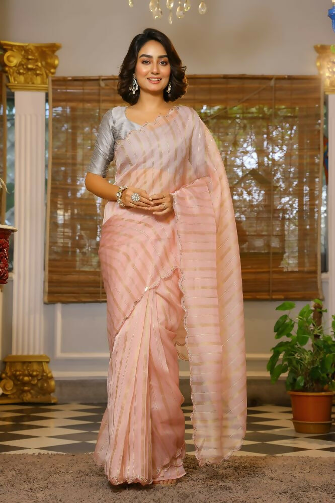 Vamsee Vijaytara Peach Organza Saree | Grocsy