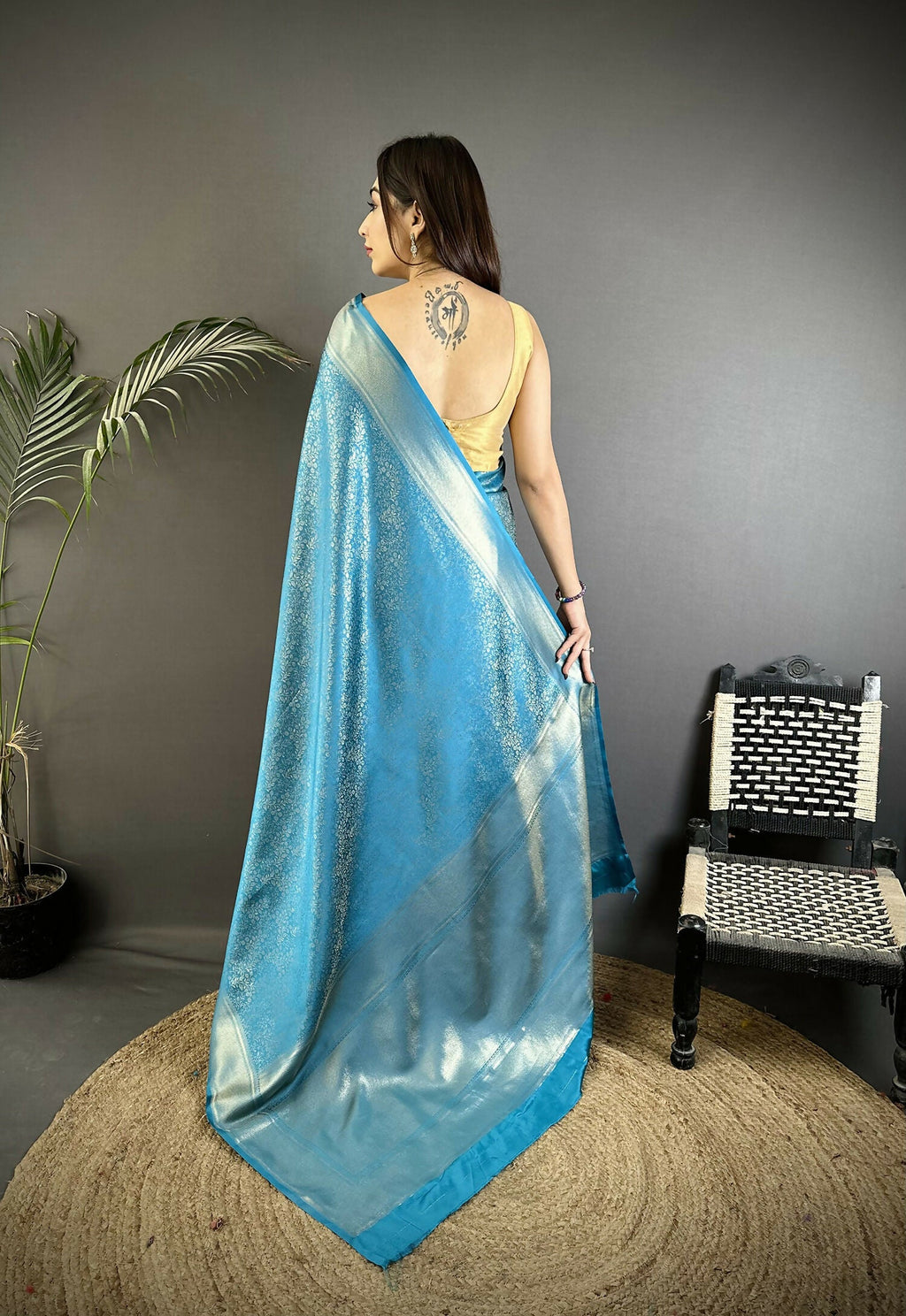 Joban Fashion Ocean Blue Floral Motifs & Ethnic Design Soft Satin Silk Kanchipuram Saree | Grocsy