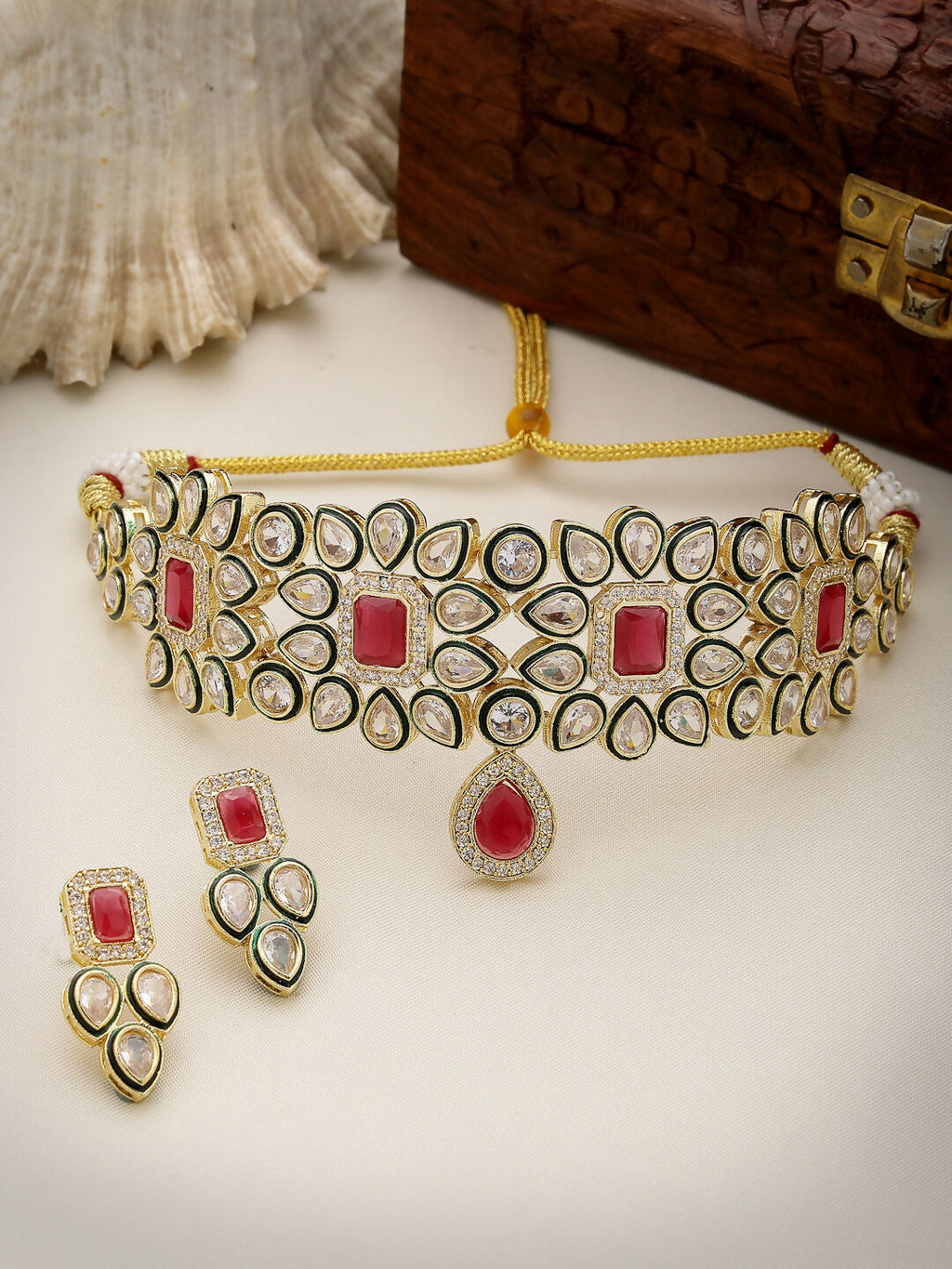 NVR Women's Red & Gold Kundan Studded Handcrafted Choker Jewellery Set | Grocsy