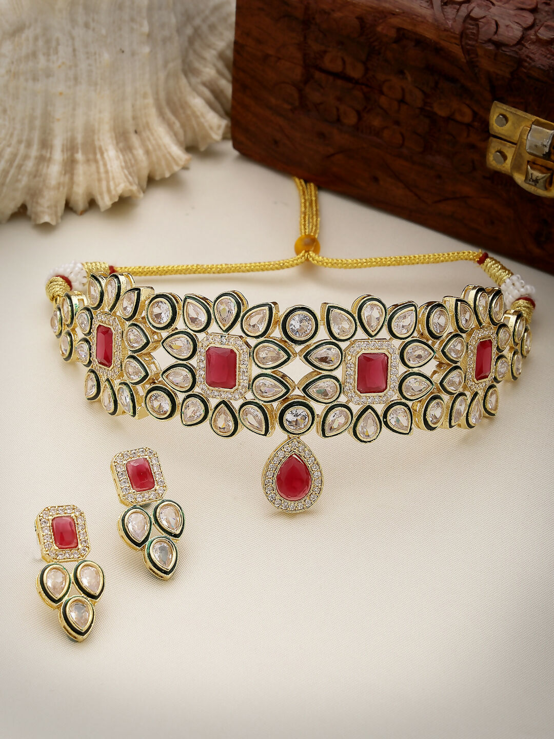 NVR Women's Red & Gold Kundan Studded Handcrafted Choker Jewellery Set | Grocsy