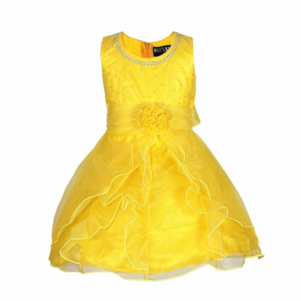 Asmaani Baby Girl's Yellow Color Satin Knee Length Frock (AS-DRESS-22141) | Grocsy