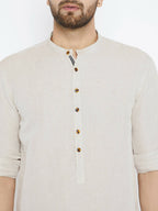Even Apparels Beige Linen Linen Men's Kurta With Band Collar | Grocsy