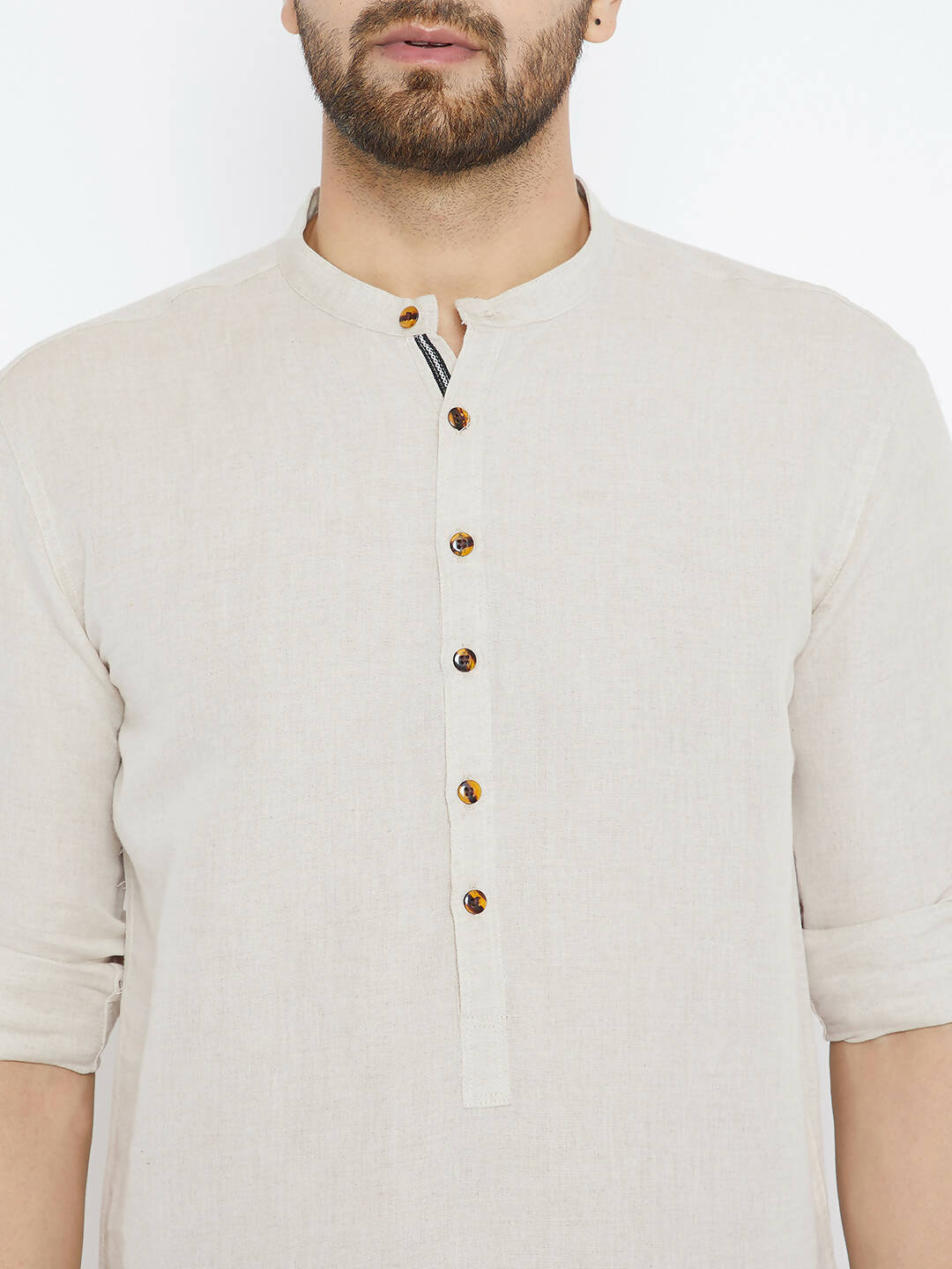 Even Apparels Beige Linen Linen Men's Kurta With Band Collar | Grocsy