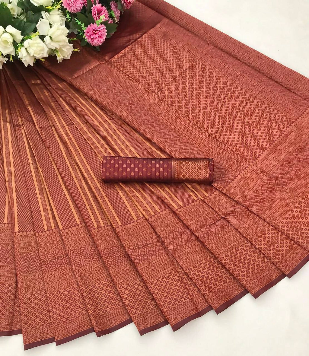 DEIANA'S Beautiful Designer Golden zari Soft Lichi Silk Saree - Maroon | Grocsy