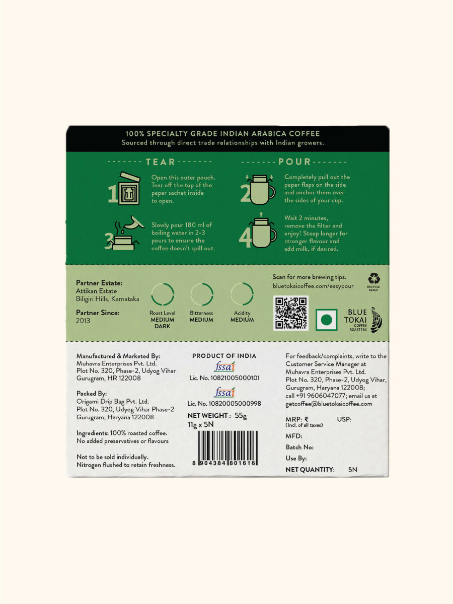 Blue Tokai Attikan Estate Medium-Dark Roast Easy Pour Sachets | Grocsy