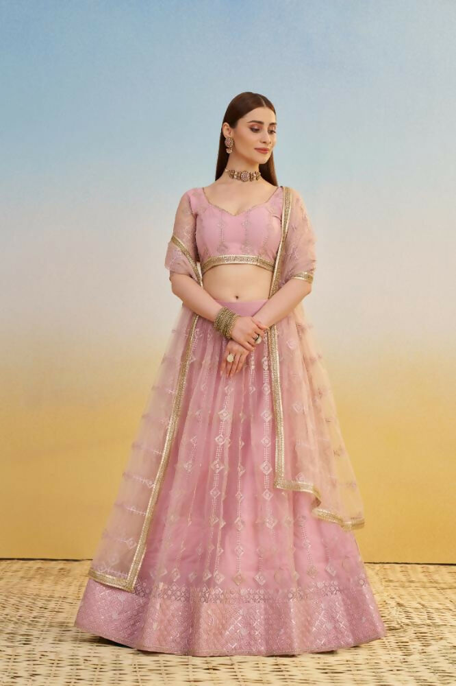 Aastha Fashion Pink Butterfly Net Tone To Tone Cotton Thread Work And Sequence Work Embroidery Wedding Wear Lehenga Choli | Grocsy