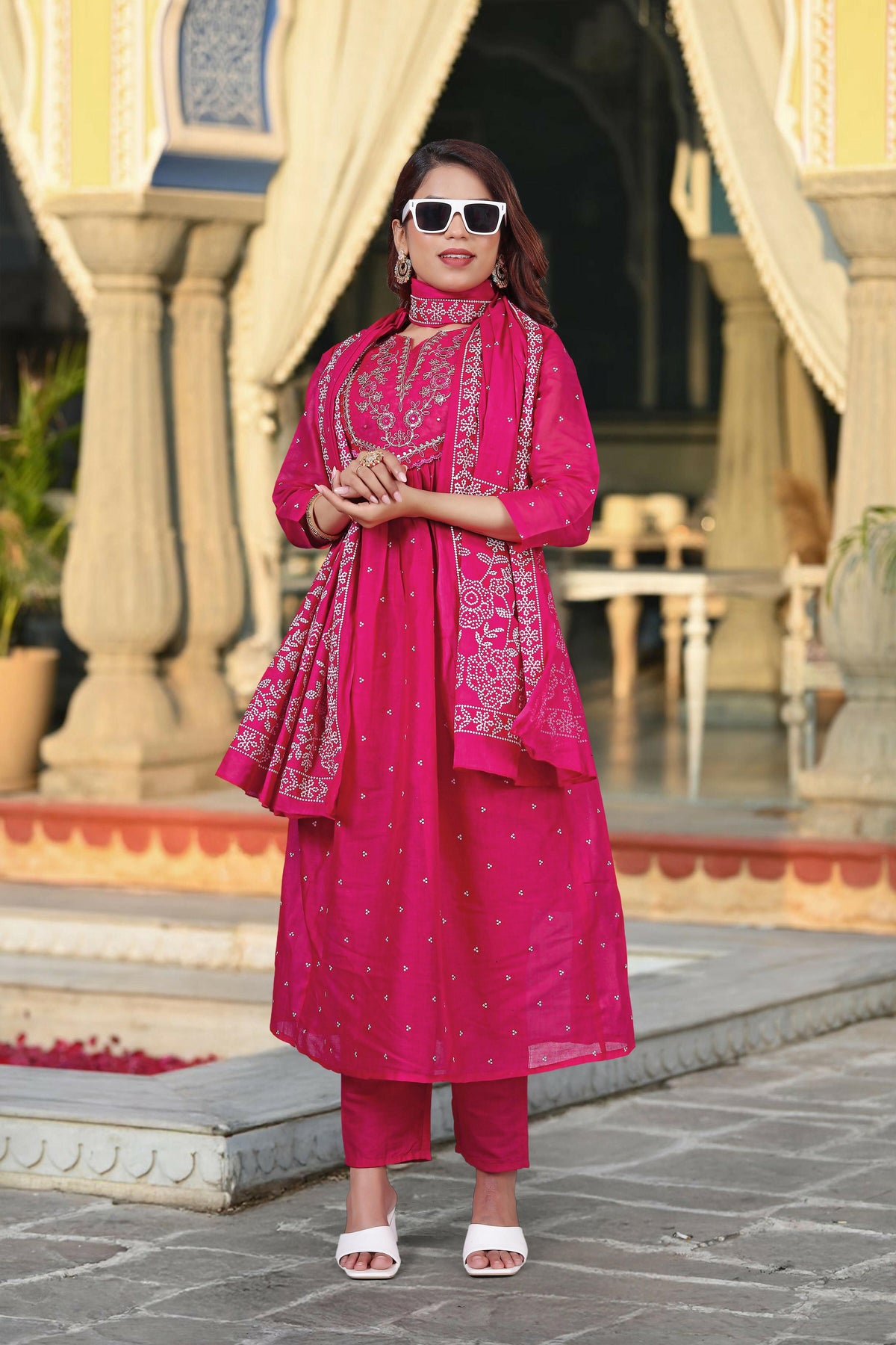 The52 Women's Beautiful Cotton Fabric Embroidery Work Straight Kurta Pant and Dupatta Set | Grocsy