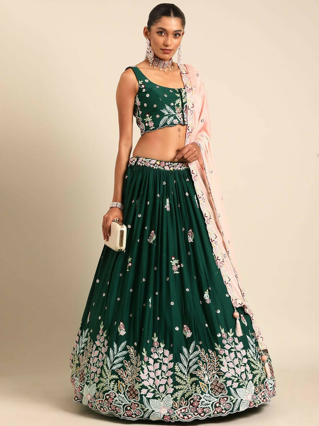 House of Panchhi Green Georgette Sequins and thread embroidery Lehenga choli & Dupatta | Grocsy