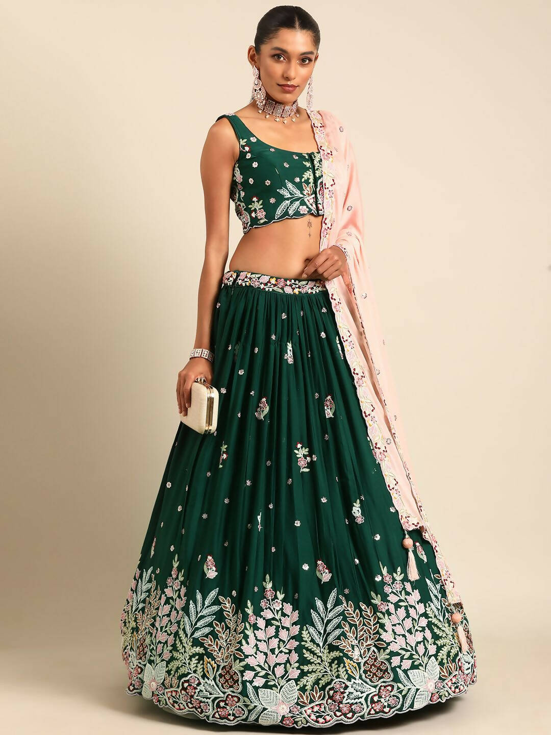 House of Panchhi Green Georgette Sequins and thread embroidery Lehenga choli & Dupatta | Grocsy