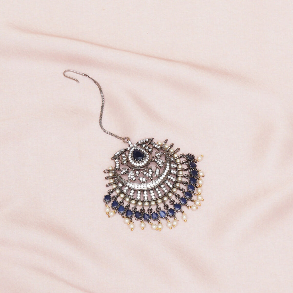 Oversized Diamond & Blue Stone Maang Tikka- Ruby Raang | Grocsy