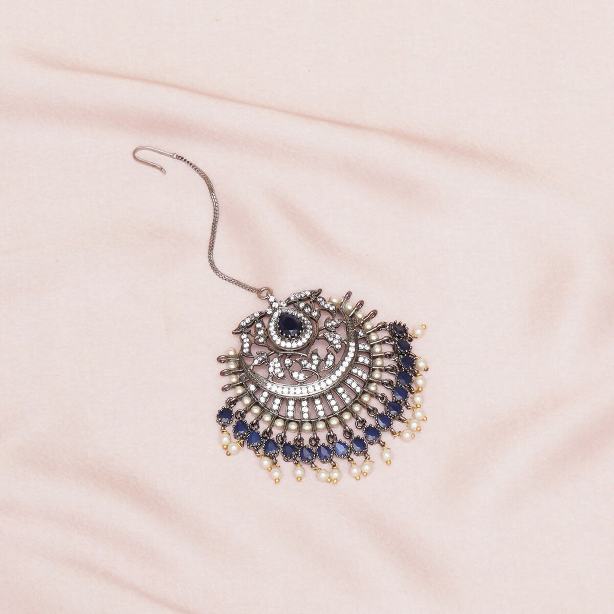 Oversized Diamond & Blue Stone Maang Tikka- Ruby Raang | Grocsy