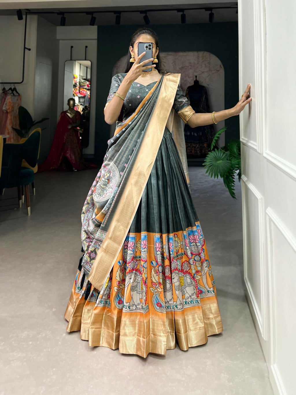 Vastranavya Kalamkari Print With Weaving Border Lehenga with Unstitched Blouse - Grey | Grocsy