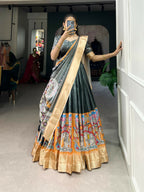 Vastranavya Kalamkari Print With Weaving Border Lehenga with Unstitched Blouse - Grey | Grocsy