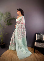Joban Fashion Sky Blue Floral Motifs Banarasi Silk Sarees | Grocsy