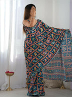PR Fashion Dark Blue Georgette Digital Print With Mirror Work Saree | Grocsy