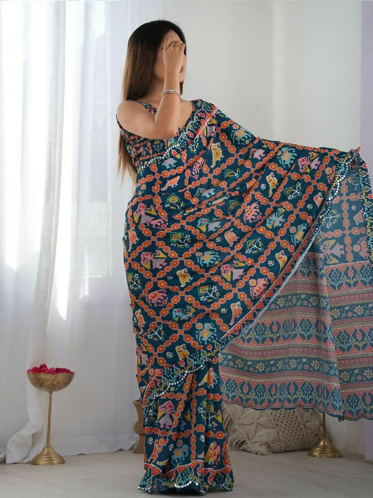 PR Fashion Dark Blue Georgette Digital Print With Mirror Work Saree | Grocsy