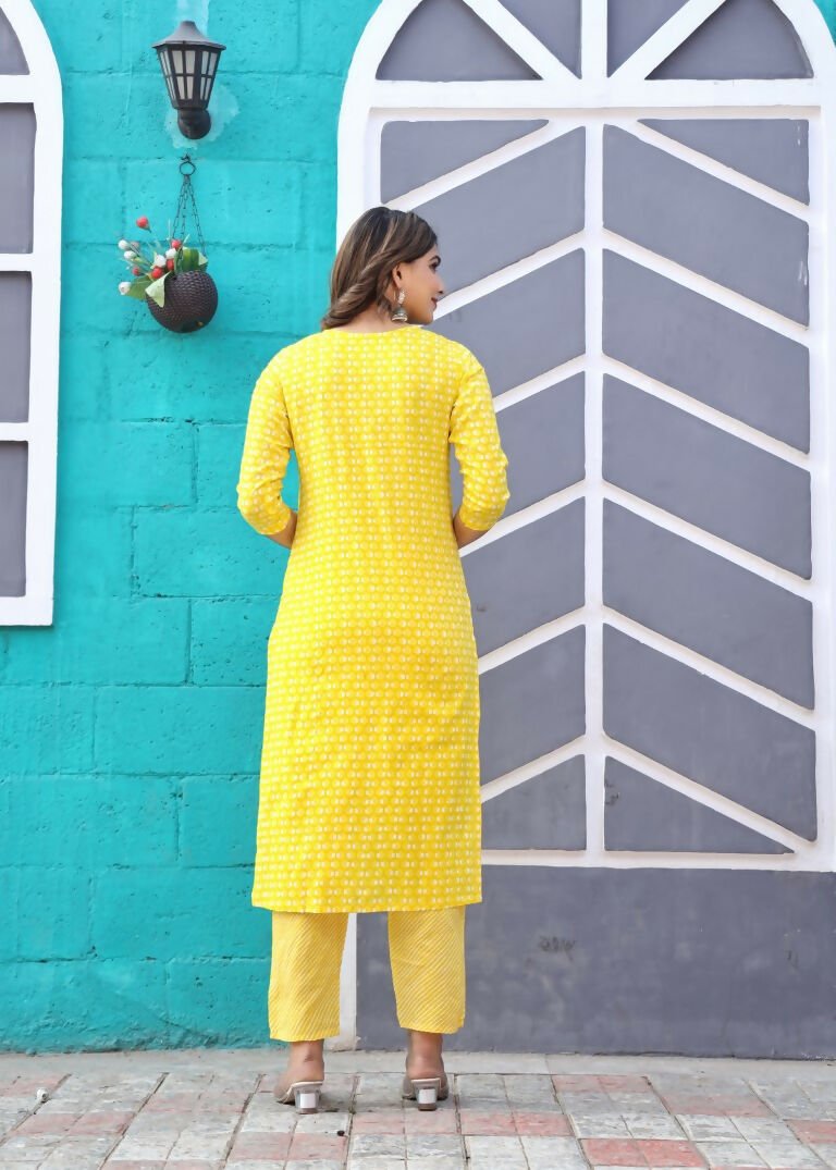 Alvano Printed Beautiful Straight Kurti with Pant and Dupatta set for Women and Girls (Yellow) | Grocsy