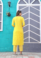 Alvano Printed Beautiful Straight Kurti with Pant and Dupatta set for Women and Girls (Yellow) | Grocsy