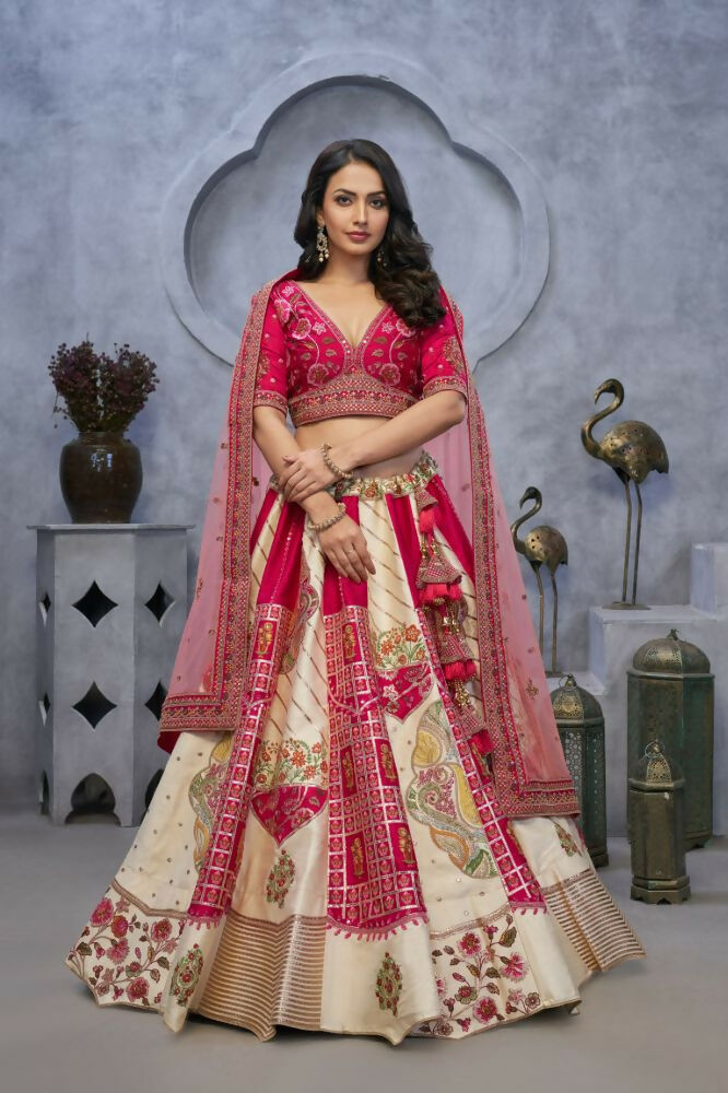 Kesar Fab Ivory Silk Embroidered Lehenga | Grocsy