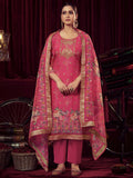 Jyoti Fashion Women's Magenta Organza Jacquard Woven Kurta with Trouser & Dupatta | Grocsy