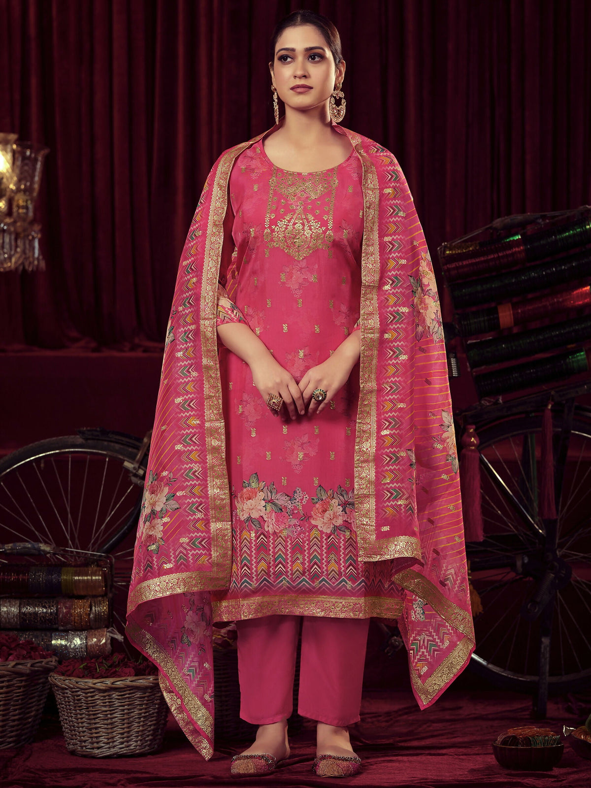 Jyoti Fashion Women's Magenta Organza Jacquard Woven Kurta with Trouser & Dupatta | Grocsy