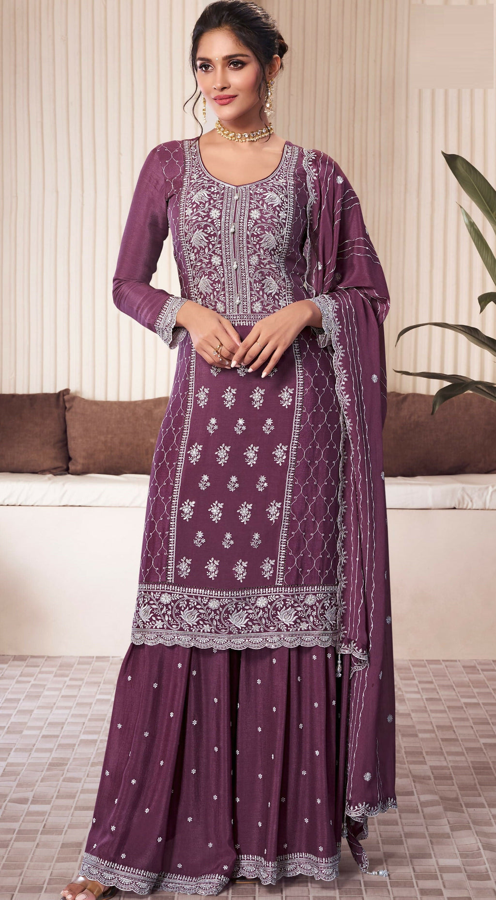 Anaita Wine Embroidered Work Silk Stitched Sharara Suit | Grocsy