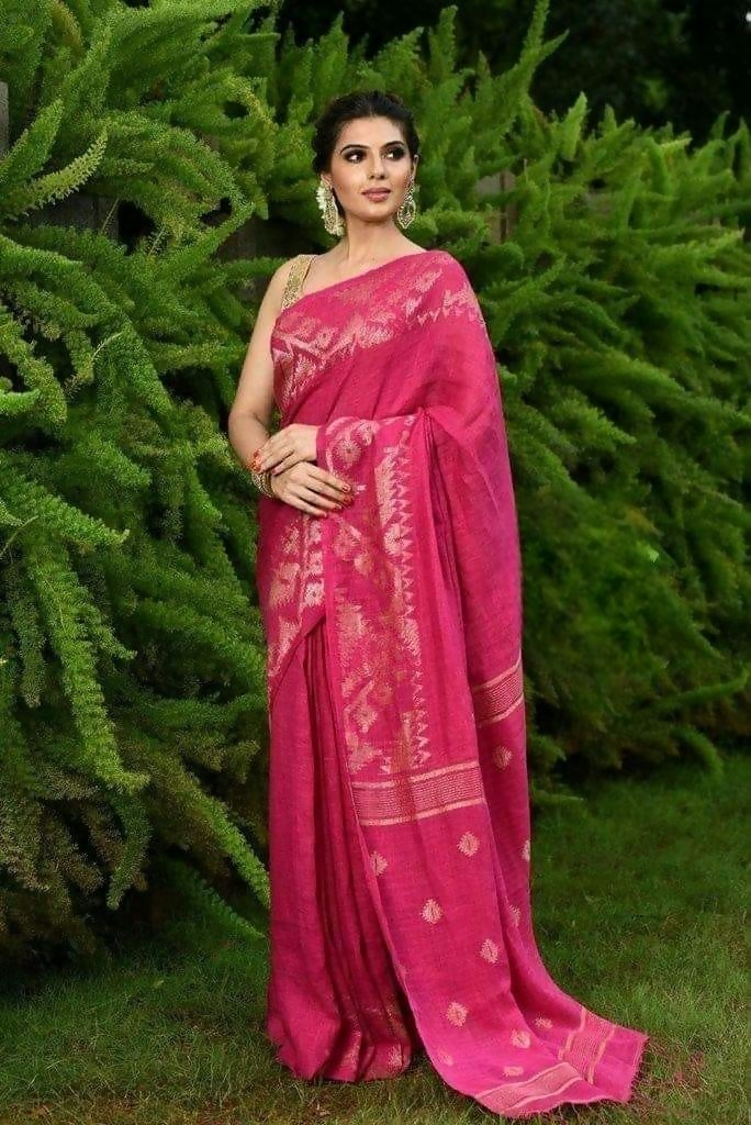 Exclusive Collection Pink Beautiful Linen Jamdani Saree | Grocsy