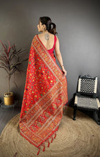 Elora Red Pashmina Silk Meenakari Weaving Madhubani Design Kashmiri Saree | Grocsy